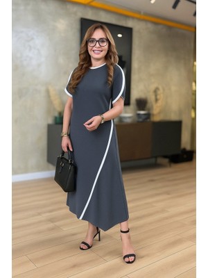 Aesco Kadın Kısa Kollu Bisiklet Yaka Çift Şerit Renk Detaylı Asimetrik Kesim Viskon Iki Iplik Elbise