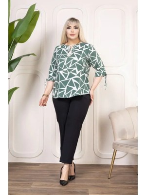 Aesco Desenli Püsküllü Viskon Bluz Bebe Yaka Kısa Kollu Big Size Rahat Kesim - Desenli