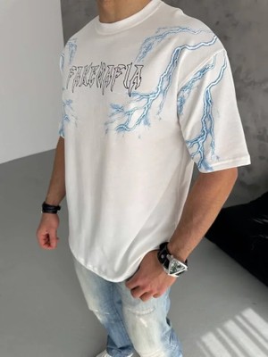 Aesco Unisex Bisiklet Yaka Baskılı Oversize T-Shirt - Beyaz