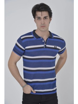 Glam Love Yakalı Slim Fit Dokuma Çizgili T-Shirt - Mavi -