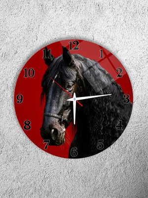 Olinpa Kırılmaz Cam Duvar Saati , Hem Tablo Hem Saat Yuvarlak Siyah At Klasik Kırmızı Temalı Ev Ofis Hediyesi