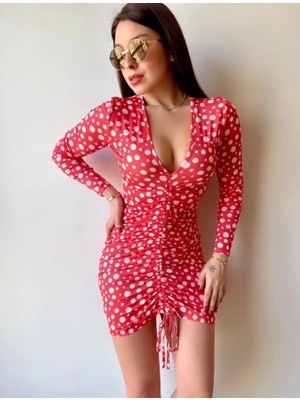 Aesco Kadın V Yaka Önü Asansör Büzgü Detay Fırsat Ürün Puantiyeli Mini Elbise