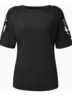 Aesco Kadın Kısa Kollu Bisiklet Yaka Kolları Çiçekli Güpür Detay Viskon Bluz