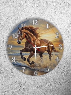Olinpa Kırılmaz Cam Duvar Saati , Hem Tablo Hem Saat Yuvarlak Koşan At Temalı Ev Ofis Hediyesi