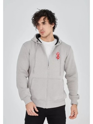 Aesco Unisex Baskılı Tam Fermuarlı Kapşonlu Sweatshirt - Boyalı Gri