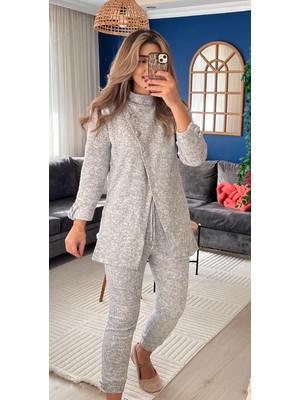 Aesco Kadın Uzun Kollu Balıkçı Yaka Önden Düğmeli Bluz ve Pantolon Yumoş Ikili Takım