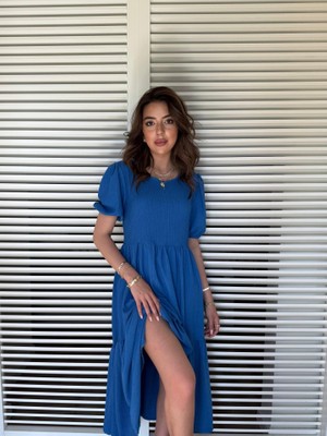 Aesco Kadın Kısa Kollu Yakası Açık Katlı Bürümcük Balon Elbise