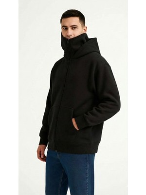 Aesco Samuray Ninja Çift Kapüşonlu Zıp Fermuarlı Kanguru Cepli Tam Fermuarlı Hoodie Sweatshirt - Siyah