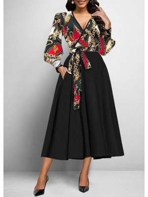 Aesco Kadın Uzun Kollu Kruvaze Yaka Dalgıç Krep Midi Boy Elbise