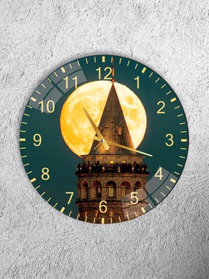 Olinpa Kırılmaz Cam Duvar Saati , Hem Tablo Hem Saat Yuvarlak Galata Kulesi Temalı Ev Ofis Hediyesi