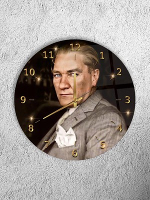 Olinpa Kırılmaz Cam Duvar Saati , Hem Tablo Hem Saat Yuvarlak Atatürk Temalı Ev Ofis Hediyesi