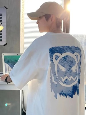 Aesco Baskılı Oversize Bisiklet Yaka T-Shirt - Beyaz