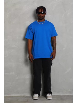 Aesco Unisex Oversize Düz Bisiklet Yaka T-Shirt - Mavi
