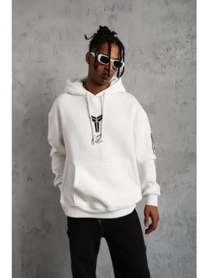 Aesco Unisex Sırt Baskılı Kapüşonlu Üç Iplik Oversize Sweatshirt - Beyaz