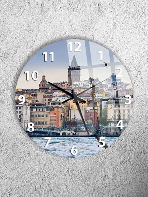 Olinpa Kırılmaz Cam Duvar Saati , Hem Tablo Hem Saat Yuvarlak Istanbul Şehir Galata Kulesi Temalı Ev Ofis Hediyesi