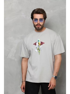 Aesco Unisex Bisiklet Yaka Baskılı Oversize T-Shirt - Gri