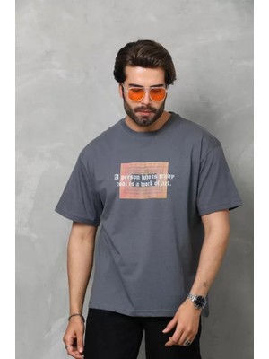 Aesco Unisex Bisiklet Yaka Baskılı Oversize T-Shirt - Füme