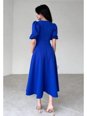 Aesco Kadın Kısa Balon Kollu Bisiklet Yaka Geniş Kesim Janjan Krep Elbise