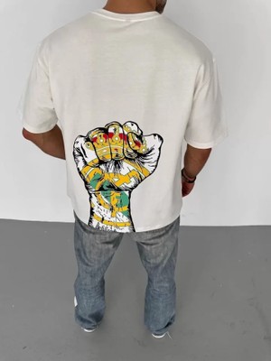 Aesco Unisex Bisiklet Yaka Baskılı Oversize T-Shirt - Beyaz