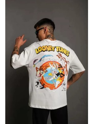 Aesco Unisex Bisiklet Yaka Baskılı Oversize T-Shirt - Beyaz