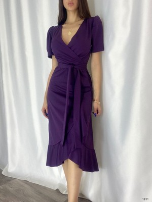 Aesco Kadın Kruvaze Yaka Midi Boy Kuşaklı Krep Elbise 120 cm