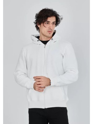 Aesco Unisex Tam Fermuarlı Kapşonlu  Sweatshirt - Beyaz