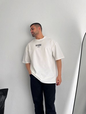 Aesco Baskılı Oversize Bisiklet Yaka T-Shirt - Beyaz