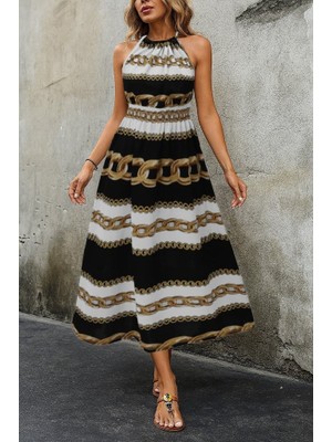 Aesco Kadın Kolsuz Boyundan Bağlamalı Beli Lastikli Dijital Baskı Süprem Uzun Elbise