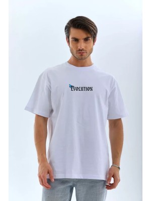 Aesco Unisex Bisiklet Yaka Baskılı Oversize T-Shirt - Beyaz