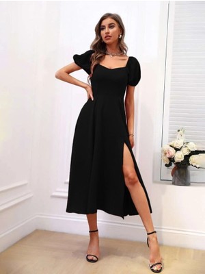 Aesco Kadın Kısa Kollu Kare Yakalı Yırtmaçlı Midi Janjan Krep Elbise