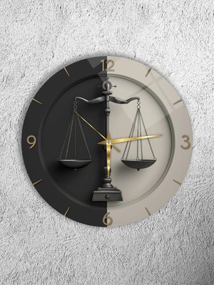 Olinpa Kırılmaz Cam Duvar Saati , Hem Tablo Hem Saat Yuvarlak Adalet Terazisi Temalı Ev Ofis Hediyesi