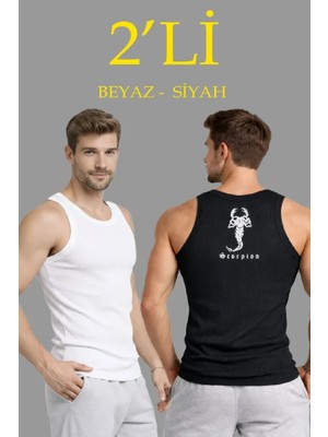 Aesco Erkek Spor Fitilli Atlet 2li Set Siyah ve Beyaz Slim Fit Kaşkorse Arka Baskılı Spor Atlet