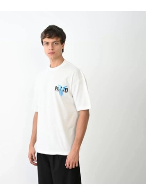 Aesco Unisex Bisiklet Yaka Baskılı Oversize T-Shirt - Beyaz