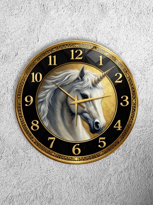 Olinpa Kırılmaz Cam Duvar Saati , Hem Tablo Hem Saat Yuvarlak Beyaz At Klasik Gold Temalı Ev Ofis Hediyesi