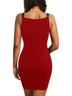 Aesco Kadın Askılı Derin V Yakalı Kuş Gözü Detaylı Janjan Krep Elbise