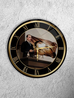 Olinpa Kırılmaz Cam Duvar Saati , Hem Tablo Hem Saat Yuvarlak Atatürk Temalı Ev Ofis Hediyesi