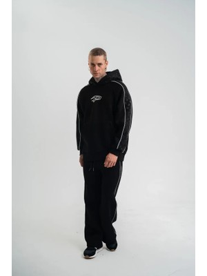 Aesco Uzun Kol Kapşonlu Ara Biyeli Baggy Eşofman Takım - Siyah