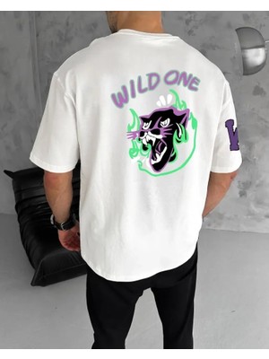 Aesco Unisex Bisiklet Yaka Baskılı Oversize T-Shirt - Beyaz