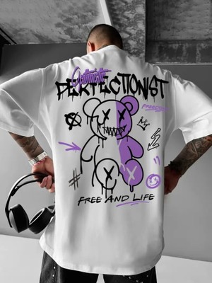 Aesco Baskılı Oversize Bisiklet Yaka T-Shirt - Beyaz