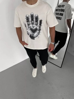 Aesco Unisex Bisiklet Yaka Baskılı Oversize T-Shirt - Beyaz