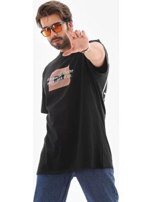 Aesco Unisex Bisiklet Yaka Baskılı Oversize T-Shirt - Siyah