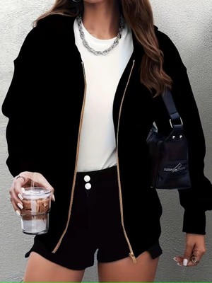 Aesco Kadın Uzun Kollu Kapşonlu Fermuarlı Önden Cep Detaylı Şardonlu Iki Iplik Ceket