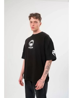 Aesco Unisex Bisiklet Yaka Baskılı Oversize T-Shirt - Siyah