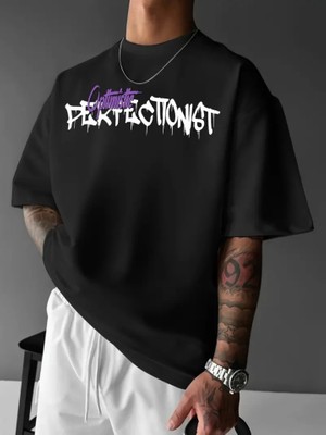 Aesco Baskılı Oversize Bisiklet Yaka T-Shirt - Siyah