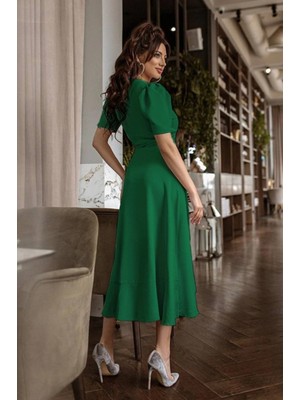 Aesco Kadın Kruvaze Yaka Midi Boy Kuşaklı Krep Elbise 120 cm