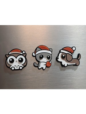 ADA 3D Yılbaşı Şapkalı Kedi Köpek Baykuş Figürlü Sevimli Süs Buzdolabı Magneti