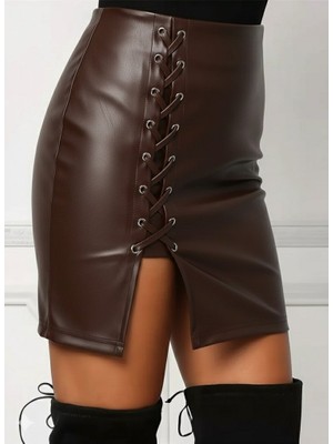 Aesco Kadın Yüksek Bel Yandan Çapraz Bağcıklı Yırtmaçlı Mini Deri Etek