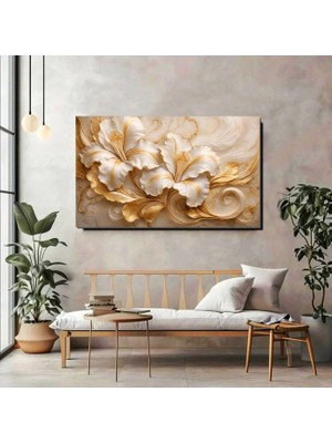 Artprinta Altın Detaylı Beyaz Çiçek Kanvas Tablo – Lüks ve Modern Duvar Dekorasyonu
