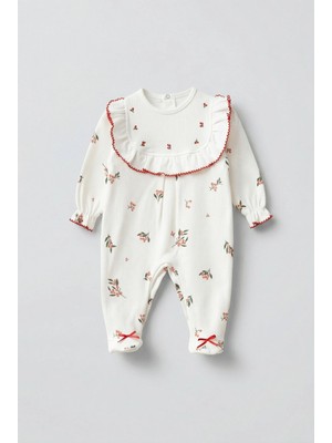 Magu Kız Bebek Pamuklu Ekru Çiçek Desenli Tulum ve Bandana Set