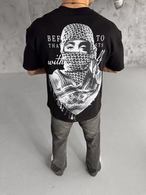 Aesco Unisex Baskılı Oversize T-Shirt - Siyah